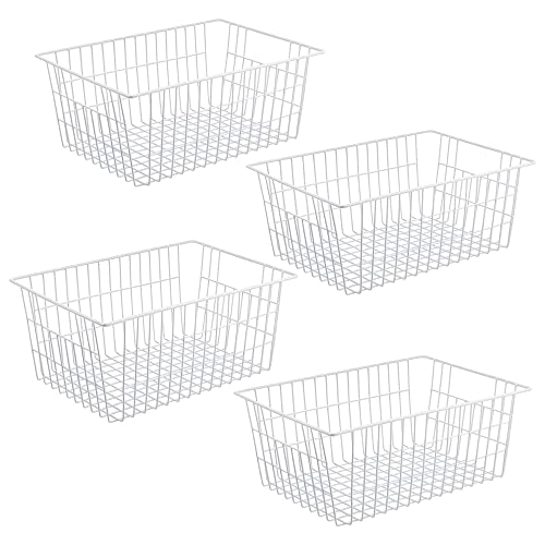 iPEGTOP Wire Storage Freezer Baskets, Set of 4 Large 15.4" Farmhouse Organizer Storage Bins Fridge Basket Rack with Handles for Kitchen Cabinets, Pantry, Office, Bathroom Organization - White - size: 15.4"-4 pack