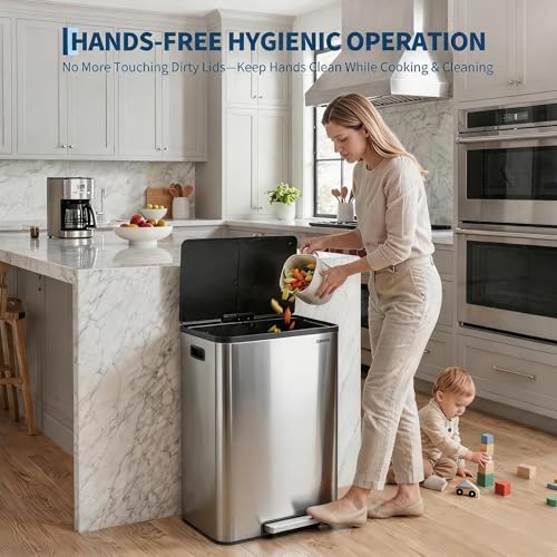 10.5 Gal Dual Compartment Stainless Steel Kitchen Trash Can with Lid, 20L+20L Recycling Garbage Bin, Soft Close Foot Pedal Trash Bin with 2 Removable Inner Buckets, Fingerprint Resistant for Home Offi - color: Stainless Steel, size: 2x5.25Gal