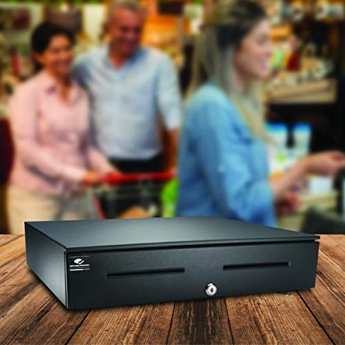 APG Heavy Duty 18" Point of Sale Cash Drawer | Series 4000 JB320-1-BL1816-C | MultiPRO 320 Interface with CD-101A Cable | Printer Driven | Plastic Till with 5 Bill/ 5 Coin Compartments | Black - color: Printer-Driven 24V (with cable) - Black w/ Painted Fr