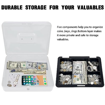 Steel Cash Box with Key Lock, Metal Small Money Organizer with Money Tray,Cash Storage Box with Lockable Cover (White- 11.8" x 9.4" x 3.5") - color: White- 11.8" x 9.4" x 3.5"