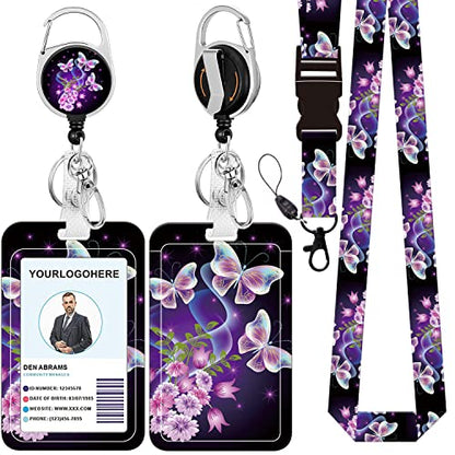 Badge Lanyard and ID Badge Holder, Retractable Badge Reels with Carabiner Reel Belt Clip, Strap Lanyard with Lobster Clasp for Badge Holders, Nurse Teacher Office Gifts(BLC-Purple Butterfly) - color: Blc-purple Butterfly