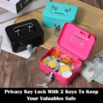 6 Pack Small Money Box with Lock, Metal Cash Boxes, 4.5x3.4x2in Durable Steel Coin Bank, Secure Lock Box for Home Office Gift, 3 Colors,