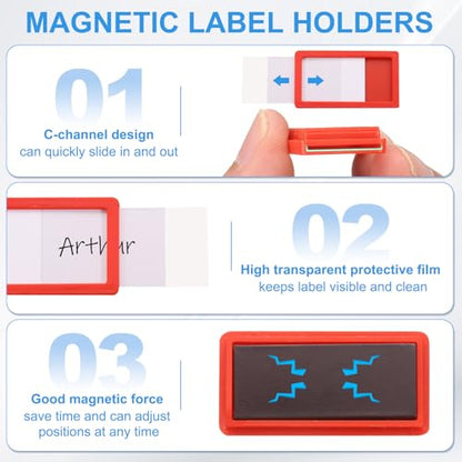 uxcell 20 Pcs Magnetic Label Holders, 1.6 x 0.8 Inch Data Card Holder with Paper Cards and Protective Films for Shelf White Board Toolbox Metal Wall Cabinet Drawer, Red - color: Red, size: 1.6 x 0.8 Inch