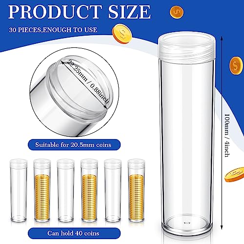 Tanlade 30 Pcs Coin Storage Tubes Coin Capsules Penny Coin Tube Clear Round 5 Cents Coin Storage Tube Holders with Screw on Lid for Coin Collection Supplies Bank Rolls