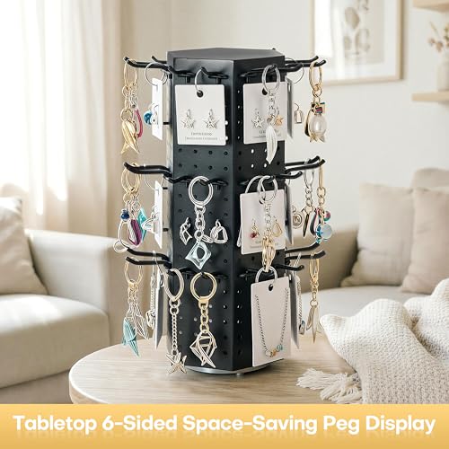 Rotating Pegboard Display Stand, 6-Sided, No Assembly Metal Spinning Display with 36 Hooks – 16" H Heavy Duty Keychain & Jewelry Organizer for Retail, Craft Shows & Vendors (Black)