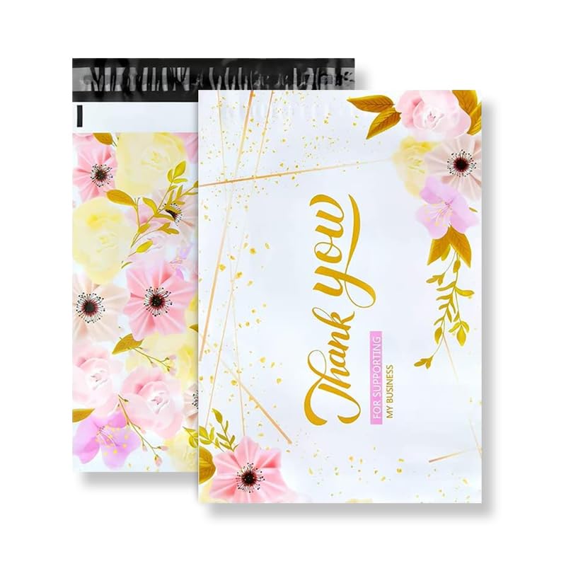 50x Poly Mailers 10x13 Inch Mailing Bags Colorful Thank You Designs with Self Seal Tear & Waterproof Shipping Envelopes for Packaging, Small Business & E-Commerce (Purple Flower Thank You) - color: Purple Flower Thank You