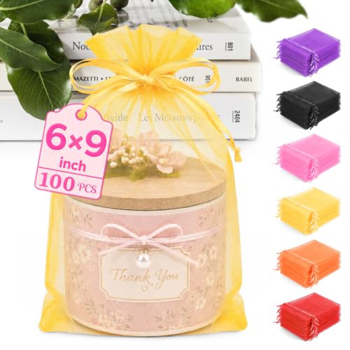 ANZNKU 100PCS Organza Bags 6x9, Gold Small Mesh Gift Bags Drawstring Bulk - color: Gold