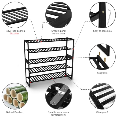 Jripae 5 Tier 32.5*10.5*30.3in Bamboo Shoe Rack for Closet Entryway Bedroom - color: Black, size: 5-tier 32.5*10.5*30.3inch
