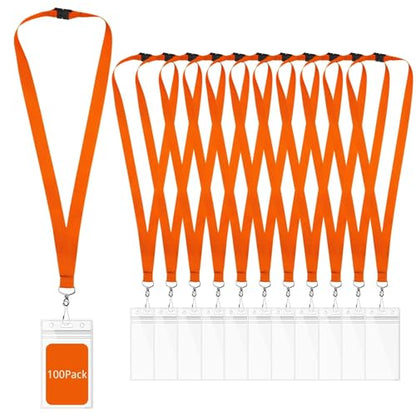 100-Pack Orange Breakaway Lanyards with Waterproof Badge Holders, Polyester Neck Straps for ID Cards, Events, Office, and Schools - color: Orange