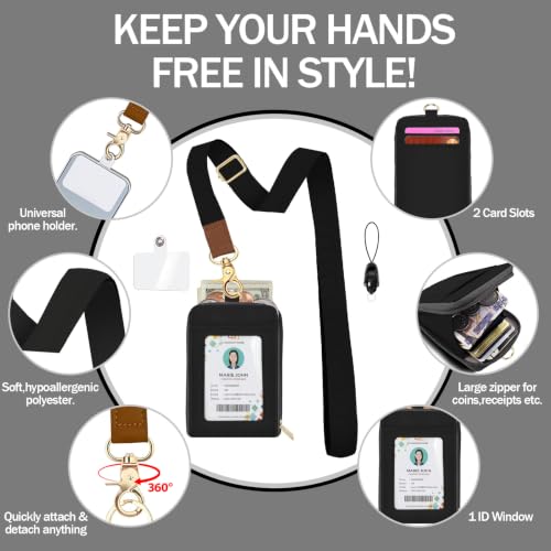 ID Badge Holder with Lightweight Lanyard Wallet, RFID Blocking Card Holder with Zipper Pocket, Adjustable Neck and Wrist Straps for Id Cards, Cash, Coins, Teachers, Black - color: Black