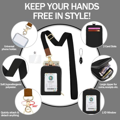 ID Badge Holder with Lightweight Lanyard Wallet, RFID Blocking Card Holder with Zipper Pocket, Adjustable Neck and Wrist Straps for Id Cards, Cash, Coins, Teachers, Black - color: Black
