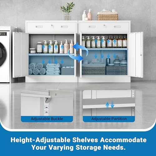 Metal Storage Cabinet, 36" Locking Cabinet with 1 Drawer & Shelves - color: White, size: 36"H×28"W×16"D-1Drawer