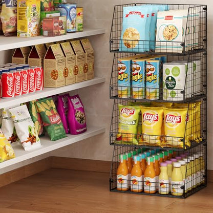 4 Pack XXL Stackable Wire Storage Basket, Extra Large Capacity Pantry Organizer and Storage, Muti-Purpose for Vegetable Fruit Basket & Can Organizer & Snack Rack & Metal Pantry Bin - size: 4 Pack-Wide 15.4"W x 11.8"D