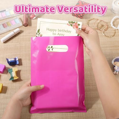 VieFantaisie 50 PCS Hot Pink Party Favor Bags, 8" x 11" Goodie Bags for Candy Treat Craft Easter Egg, Plastic Gift Bag with Die Cut Handles for Birthday Party, School Events & Small Business, Wedding - color: Hot Pink-50PCS-8x11Inch
