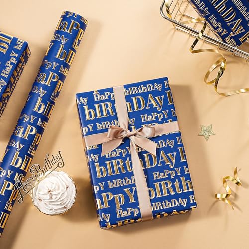 WRAPAHOLIC 3D Kraft Birthday Wrapping Paper Roll - Mini Roll - 17 Inch x 16.5 Feet - Gold and Navy Happy Birthday Lettering Design with Embossed Perfect for Holiday, Party Celebration - color: Navy & Gold Happy Birthday, size: 17 inch x 16.5 feet