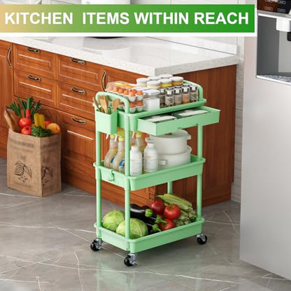 Goovilla 3 Tier Rolling Utility Cart Organizer with Removable Drawer, Green - size: 3 Tier, style: Green