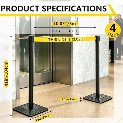 4 Pack Crowd Control Stanchions with 10FT “This Line is Closed” Belt - color: THIS LINE IS CLOSED BELT