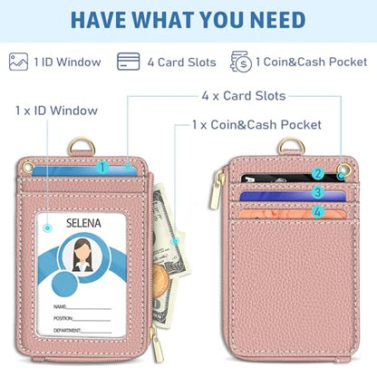 Piefly Pink Lanyard Wallet with ID Badge Holder, Small Slim RFID Keychain - color: A-solid Pk