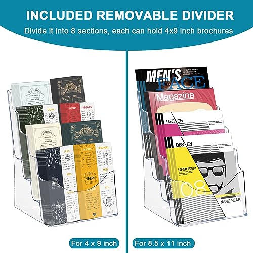 4 Tier Acrylic Brochure Holder 8.5 x 11 Inch, Clear Literature Organizer Magazine Stand with Removable Divider for 4x9 Inch Brochures, Pamphlet Flyer Display Stand for Wall Mount or Countertop