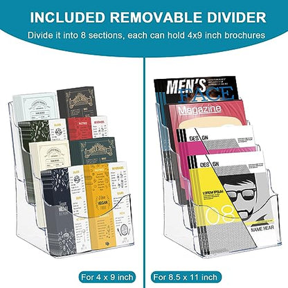 4 Tier Acrylic Brochure Holder 8.5 x 11 Inch, Clear Literature Organizer Magazine Stand with Removable Divider for 4x9 Inch Brochures, Pamphlet Flyer Display Stand for Wall Mount or Countertop