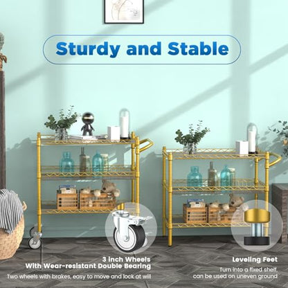 Leteuke 3 Tier Rolling Carts with Wheels, Heavy Duty Rolling Utility Cart - color: Gold