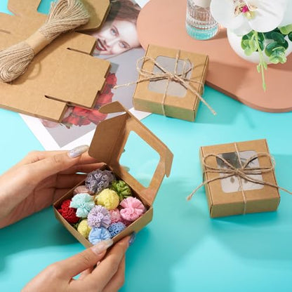 Craftdady 20pcs Small Square Brown Gift Boxes Party Favors Crafts Box with Jute String Folding Packing Boxes with Visible Window for Birthday Christmas Weddings 2.7"x2.58"x1.18" - color: Brown 2.7"x2.58"x1.18"
