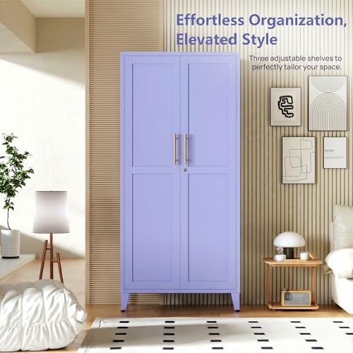 61" Tall Purple Lockable Metal Storage Cabinet, Farmhouse Pantry Cabinet with 2 Square-Pattern Doors & 3 Adjustable Shelves, Freestanding Cupboard with Legs for Home, Office, Laundry, Entryway - color: Lilac, style: Cabinet-61"H-DL