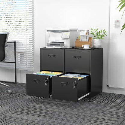 SteeLoong 2 Drawer File Cabinet,Metal Mobile File Cabinet with Lock Black - color: Black, style: 2 Drawer on Wheels