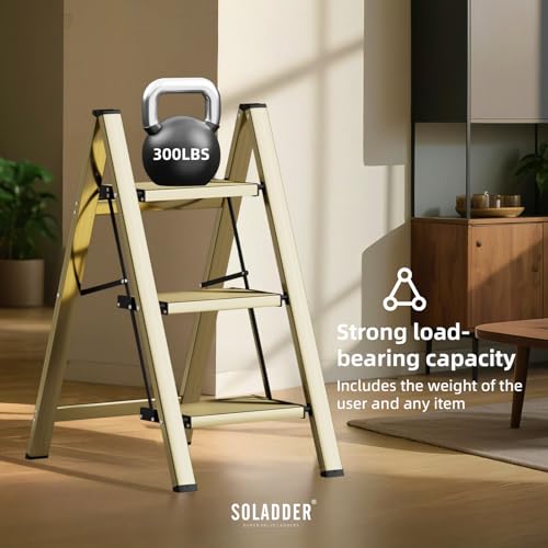 SOLADDER 3 Step Ladder, Folding Step Stool, Brown Gold - color: Brown Gold, size: 3 Step