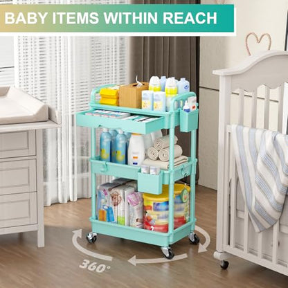 Goovilla 3 Tier Rolling Utility Cart Organizer with Removable Drawer, Blue - size: 3 Tier, style: Blue