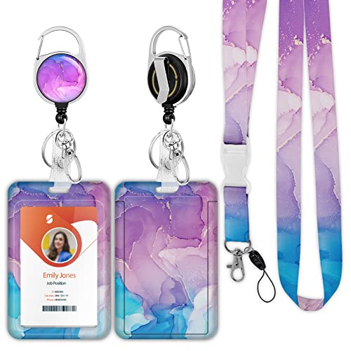ID Badge Holder with Lanyard,Retractable ID Badge Card Holders Detachable Neck Lanyard Strap with Badge Reel and Vertical ID Holder for Nurse Students Teachers Office Staff(Marble 2) - color: Marble 2