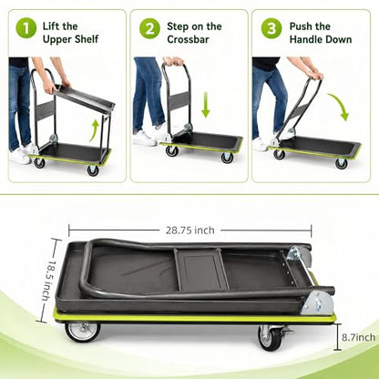 2 Tier Foldable Flatbed Cart, Push Cart Dolly, Removable Top Shelf