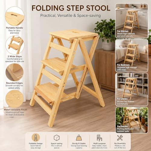 3-Step Wooden Folding Step Stool – Solid Pine Frame, Non-Slip Steps, Anti-Scratch Base, 337lb Capacity – No Assembly Required, Space-Saving for Kitchen & Home – Walnut (Natural Wood) - color: Natural Wood