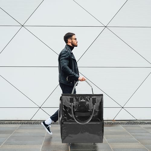Reusable Grocery Bag On Wheels, 70L Foldable Rolling Tote with 6 Pockets - color: Black, size: Medium