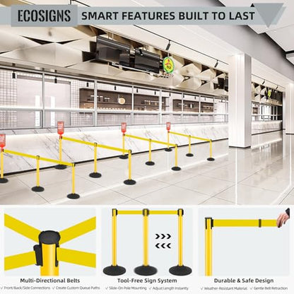 ECOSlGNS 6 Pack Stanchions with 10ft Retractable Belts - Yellow Stanchion Posts Set Crowd Control Barriers Line Dividers with Weighted Rubber Base & Sign Holders for Queue Management - color: Yellow- 6 Packs