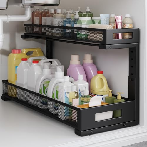1 Pack 20.47IN Depth Under Sink Storage Organizer, Large 2-Tier Elegant Mesh Pull Out Shelf for Kitchen and Bathroom Cabinet Organization, L-Shaped and Adjustable Height Design-Black - color: Black, size: 1 Pack-20.47"Dx11.4"-16.14"H