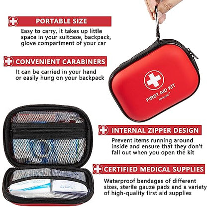 Mini First Aid Kit - 120 Piece Small Waterproof Hard Shell Medical Kit - color: Red