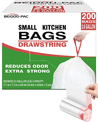 BEIDOU-PAC Trash Bags, 2.6 Gallon, 200 Count, Drawstring, Odorless, Extra Thick, White Plastic, Food Scrap Bag for Home Office Bathroom Kitchen Bins - style: 2.6 Gallon |200 Count