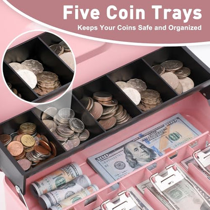KYODOLED Locking Cash Box with Lock, Money Box with Cash Tray,Lock Safe Box with Key, Money Saving Organizer, 11.81Lx 9.45Wx 3.54H Inches, Pink XL Large - color: Pink
