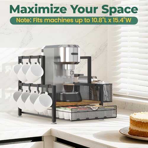 EsLuker.ly Coffee Bar Station Organizer with K Cup Drawer, 7 Mug Hooks - color: Black+Dark Brown