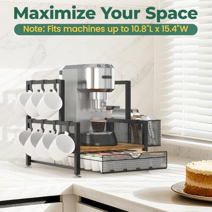 EsLuker.ly Coffee Bar Station Organizer with K Cup Drawer, 7 Mug Hooks - color: Black+Dark Brown