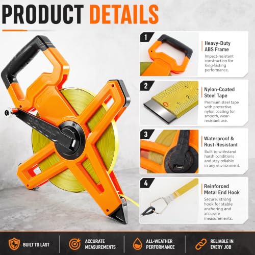 2 Pcs 328ft/100m Open Reel Steel Tape Measure, Dual Scale - color: Orange, size: 328ft/100m