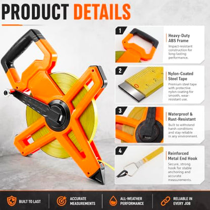 2 Pcs 328ft/100m Open Reel Steel Tape Measure, Dual Scale - color: Orange, size: 328ft/100m