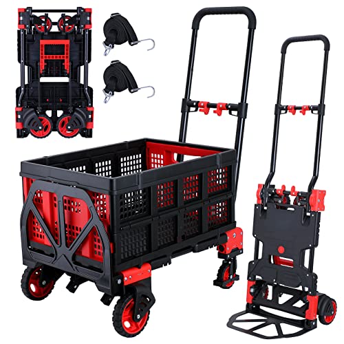 JJSMKCH 2-in-1 Hand Truck Dolly Cart Foldable with Folding Basket - color: B-red