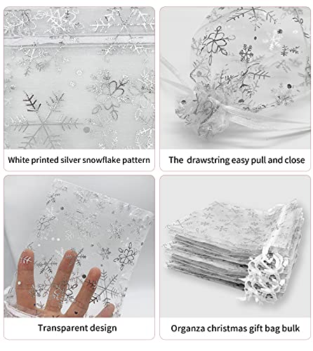Jexila 100PCS Christmas Organza Gift Bags 4X6 inches Small Christmas Drawstring Candy Goodie Treat Bags for Kids Classroom Xmas Holiday Party Favor - color: White Snowflake 4X6