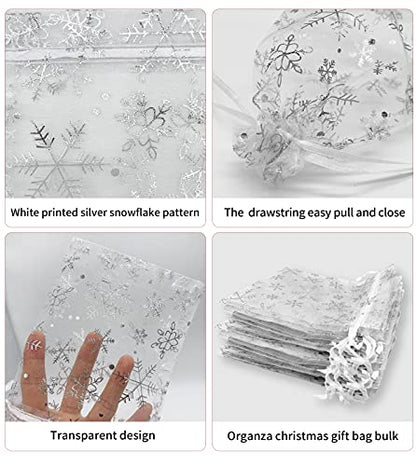 Jexila 100PCS Christmas Organza Gift Bags 4X6 inches Small Christmas Drawstring Candy Goodie Treat Bags for Kids Classroom Xmas Holiday Party Favor - color: White Snowflake 4X6