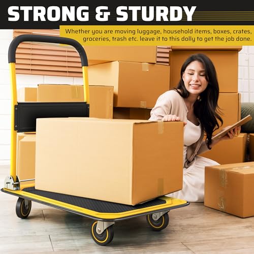 Heavy Duty Foldable Push Cart Dolly | 330 lbs. Capacity | Upgraded Collapsible Hand Truck Folding Platform with Swivel Wheels | Flat Bed Moving Wagon | Space Saving Push Handle (Yellow) - color: Yellow, 330 Lbs. Capacity