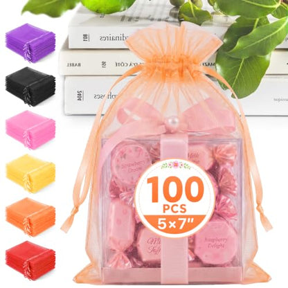ANZNKU 100PCS Organza Bags 5x7 Peach Small Gift Mesh Drawstring Goodie Bags - color: Peach