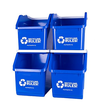 Recycling Rules! 6 Gallon Stackable Recycling Bin Container in Blue, Eco-Friendly Handy Recycle Bin with Easy-to-Carry Handle, 4-Pack - size: 4-pack