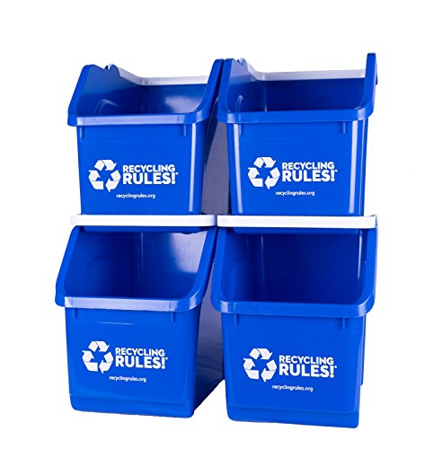 Recycling Rules! 6 Gallon Stackable Recycling Bin Container in Blue, Eco-Friendly Handy Recycle Bin with Easy-to-Carry Handle, 4-Pack - size: 4-pack